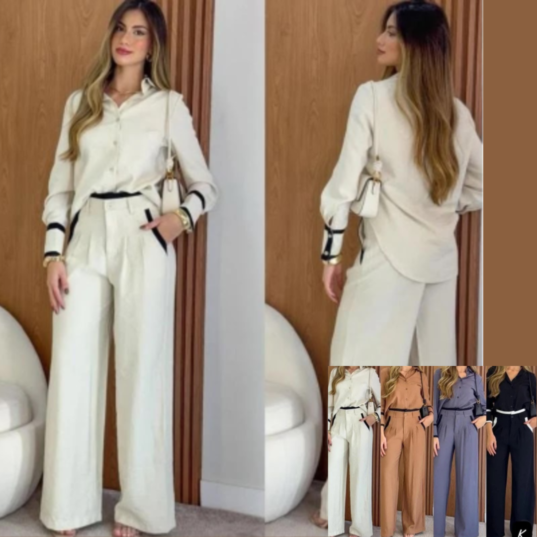 conjunto calça pantalona social blusa manga longa botões
