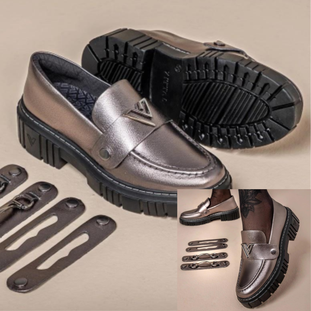 Kit Mocassim Feminino Couro Legítimo Vittal Solado Tratorado + 3 Fivelas Removíveis Metalizado Onix